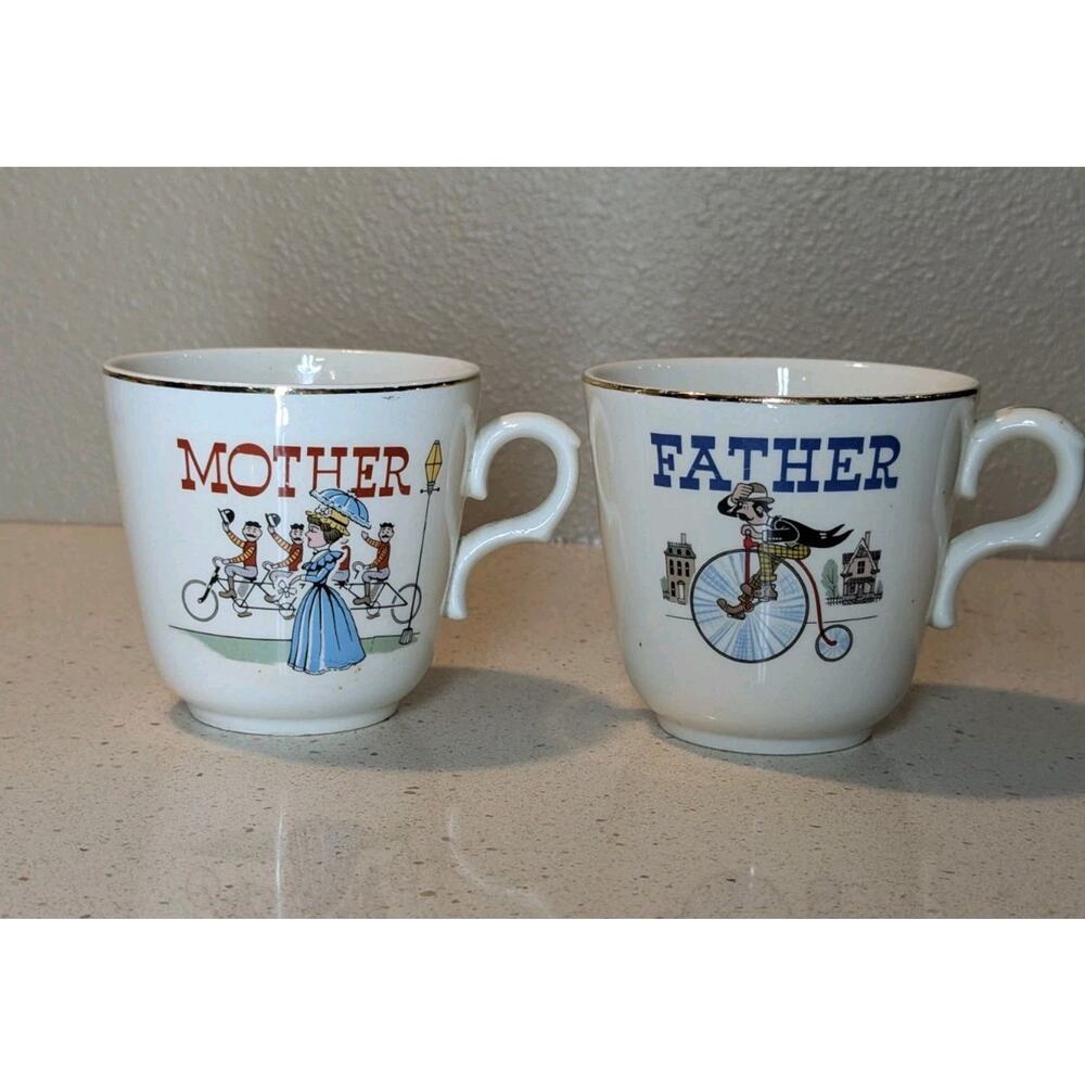 Vintage "Father" and "Mother" Tea Coffee Cup Mug Set Barber Shop Bike Bicycle